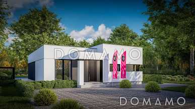 Проект дома из газобетона с террасой, панорамными окнами и плоской крышей