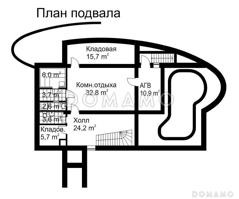 Проект современного дома из кирпича с панорамным остеклением / План цокольного этажа