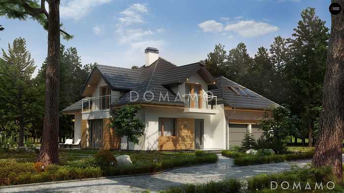 Проект дома с гаражом, террасой, просторной гостиной, балконами в трех комнатах на мансарде