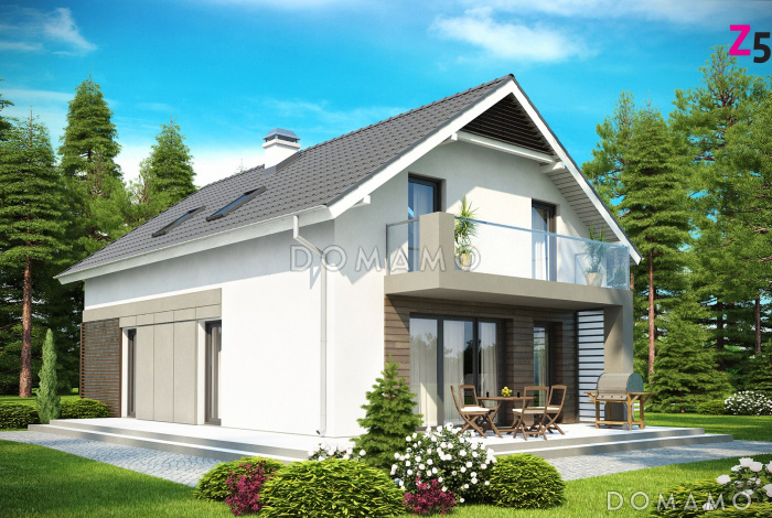 Проект одноэтажного мансардного дома из газобетона с балконом и с фронтальным пристроенным гаражом