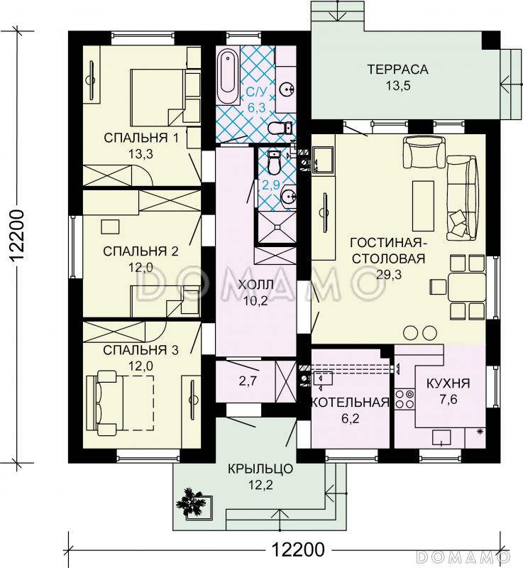 Проект одноэтажного дома из SIP панелей с тремя спальнями, шатровой крышей и комбинированной облицовкой / План 1 этажа