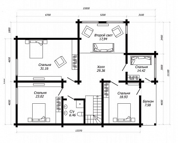 Проект дома из клееного бруса с тремя террасами / План мансардного этажа