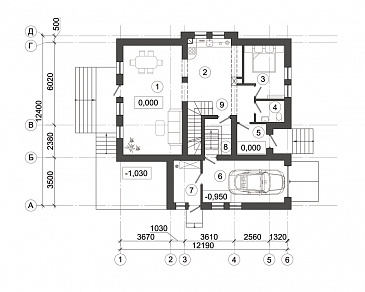 Проект загородного дома с удобным расположением внутренней лестницы / План 1 этажа