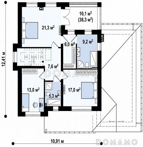 Проект двухэтажного дома из газобетона с четырьмя спальнями и гаражом, адаптированный для строительства в сейсмоопасных районах  / План 2 этажа