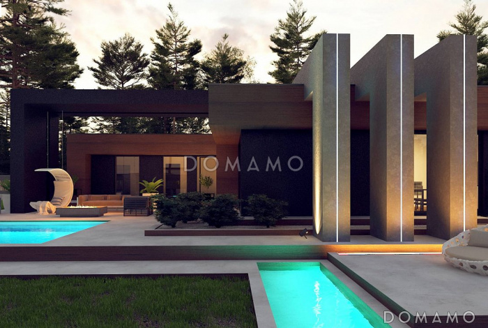 Проект современного одноэтажного дома из газобетона с плоской крышей, с четырьмя комнатами и двухместным гаражом 