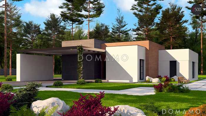 Проект современного одноэтажного дома из газобетона с плоской крышей, с тремя спальнями, большой террасой и навесом