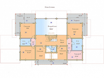 Проект двухэтажного дома из клееного бруса с красивым панорамным остеклением / План 2 этажа