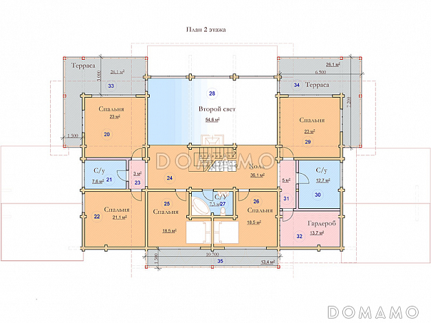 Проект двухэтажного дома из клееного бруса с красивым панорамным остеклением / План 2 этажа