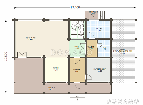 Проект деревянного дома из клееного бруса с многоуровневой крышей и навесом для авто / План 1 этажа