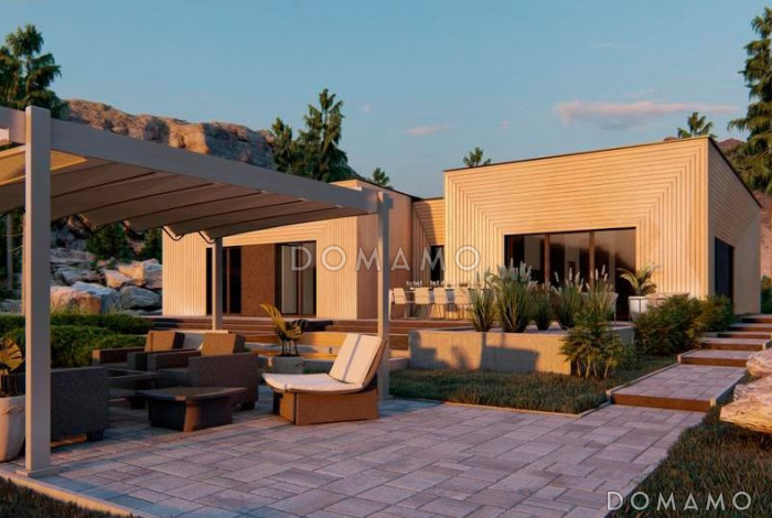 Проект одноэтажного дома с плоской крышей, просторной кухней-гостиной, гаражом, мастер-спальней