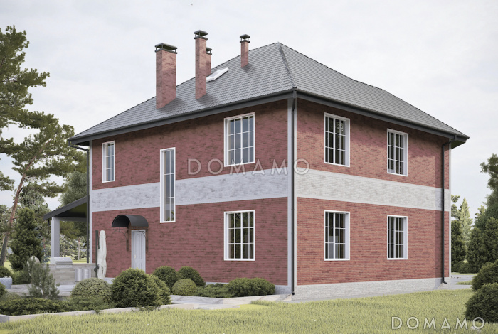 Проект дома из газобетона с эркером и навесом для автомобиля