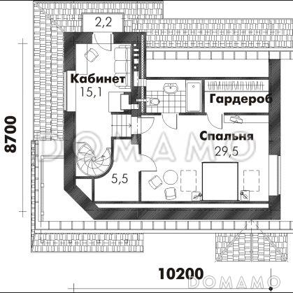 Проект трехэтажного дома из пеноблоков с просторной гостиной, балконом и кабинетом на третьем этаже / План мансардного этажа