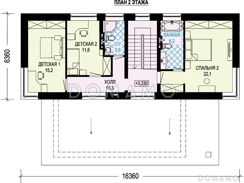 Проект дома с косой крышей, детскими комнатами, террасой, большой гостиной-столовой / План мансардного этажа
