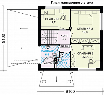 Проект дома из газобетона с мансардным окном / План мансардного этажа
