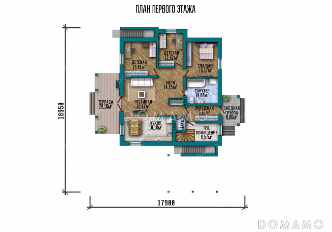 Проект одноэтажного дома с просторной террасой и навесом для автомобиля / План 1 этажа