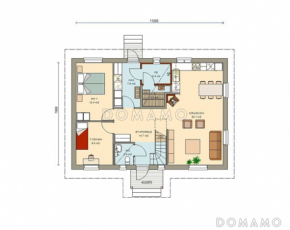 Проект каркасного дома с удобной гостиной для всей семьи / План 1 этажа