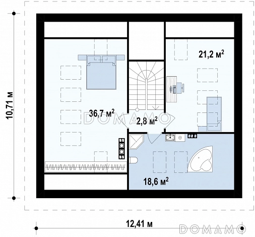 Проект одноэтажного дома из газобетона с тремя спальнями и небольшой крытой угловой террасой, с жилой мансардой / План мансардного этажа