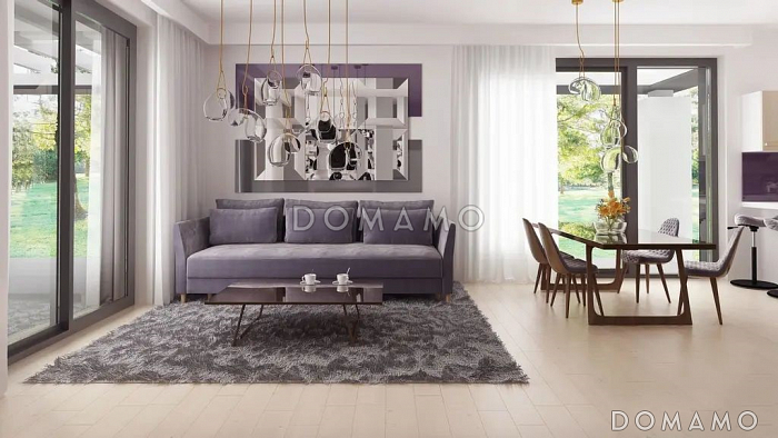 Проект кирпичного дома с террасой, окнами в пол и большой гостиной