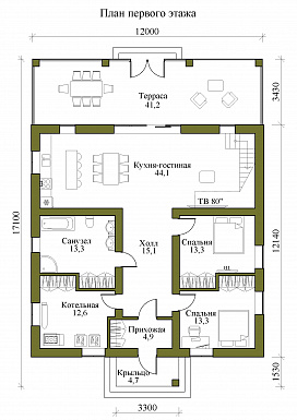 Проект одноэтажного кирпичного дома с мансардой, вторым светом и крытой террасой / План 1 этажа