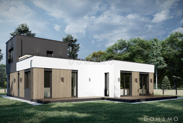 Проект большого дома с навесом для автомобилей, 2 спальнями и кабинетом на втором уровне