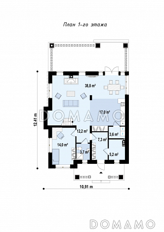 Проект современного двухэтажного дома из кирпича с пятью комнатами и крытой террасой, без гаража / План 1 этажа