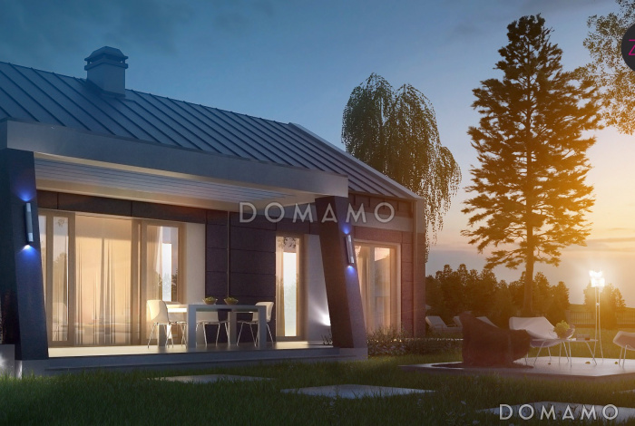 Проект одноэтажного дома из кирпича с оригинальной открытой террасой