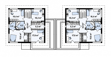 Проект двухэтажных домов-близнецов из кирпича с открытой террасой над большим гаражом / План мансардного этажа
