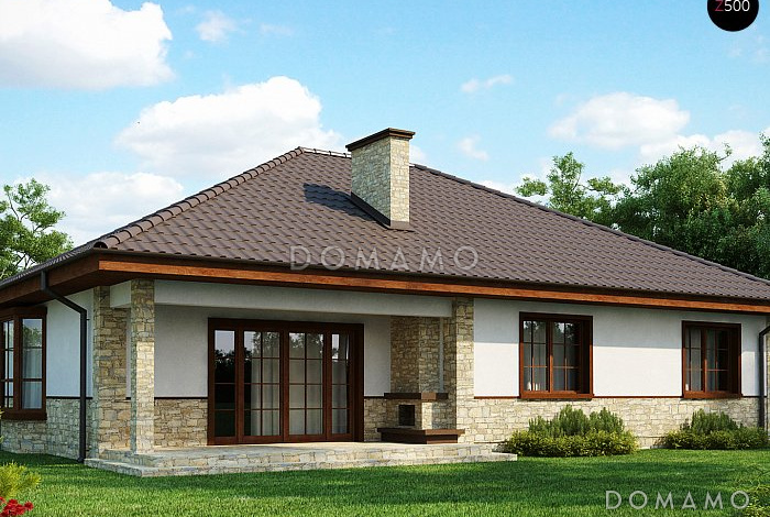 Проект одноэтажного дома с техническими помещениями в подвале, эркером в гостиной, тремя спальнями