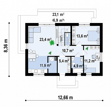 Проект небольшого загородного дома с большим чердаком, кладовой на кухне, двумя спальнями / План 1 этажа