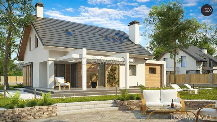 Проект одноэтажного мансардного дома из кирпича с тремя спальнями и пристроенным гаражом