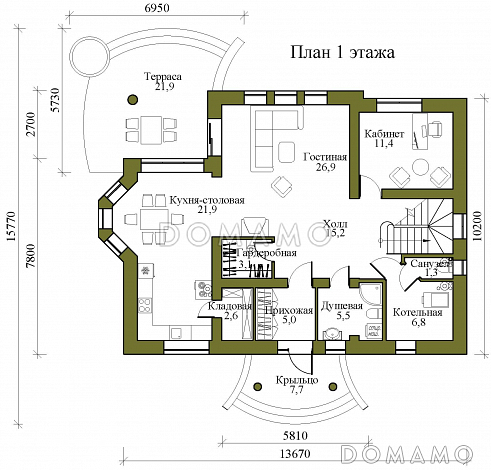 Проект двухэтажного газобетонного дома с тремя балконами, округлыми террасой и крыльцом / План 1 этажа