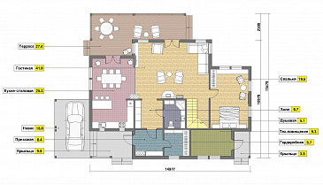 Проект дома из пеноблоков с навесом для машины и двумя спальнями на мансардном этаже / План 1 этажа