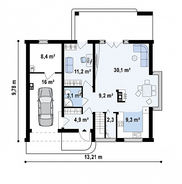 Проект одноэтажного мансардного дома из газобетона со стеклянным эркером в кухонной зоне, балконом над ним и гаражом / План 1 этажа
