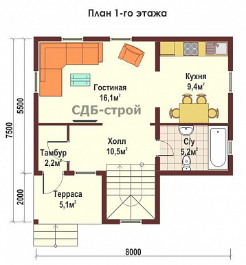 Дом из профилированного бруса ДПБ9 / План 1 этажа