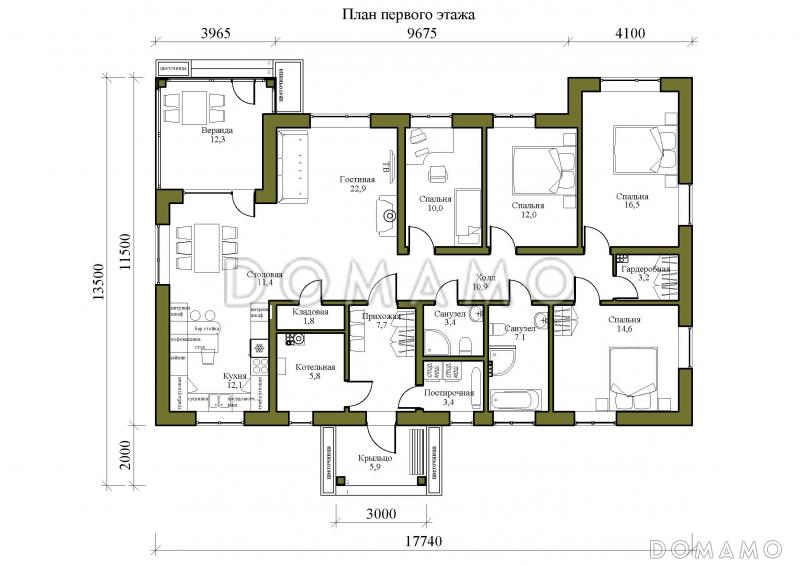 Проект одноэтажного дома с многофункциональной кухней, верандой и тремя спальнями / План 1 этажа
