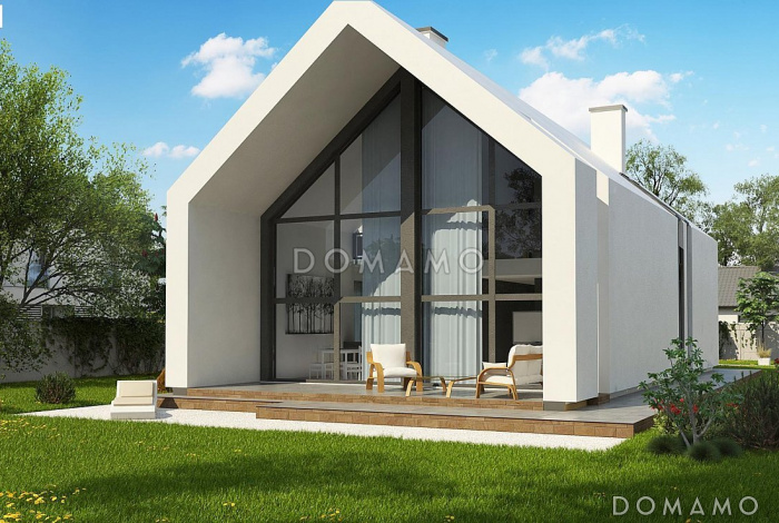 Проект одноэтажного мансардного дома из газобетона с балконом и современными элементами экстерьера и встроенным гаражом