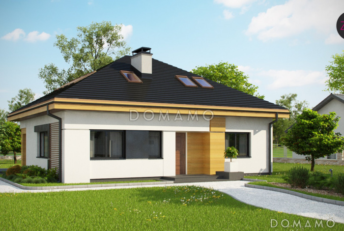 Проект одноэтажного дома из кирпича с тремя спальнями и небольшой крытой угловой террасой, с жилой мансардой