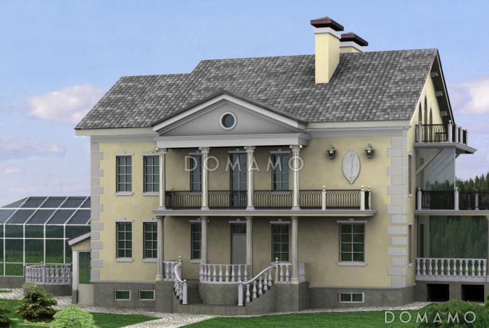 Проект загородного дома с пристроенным задним бассейна из светопрозрачных конструкций