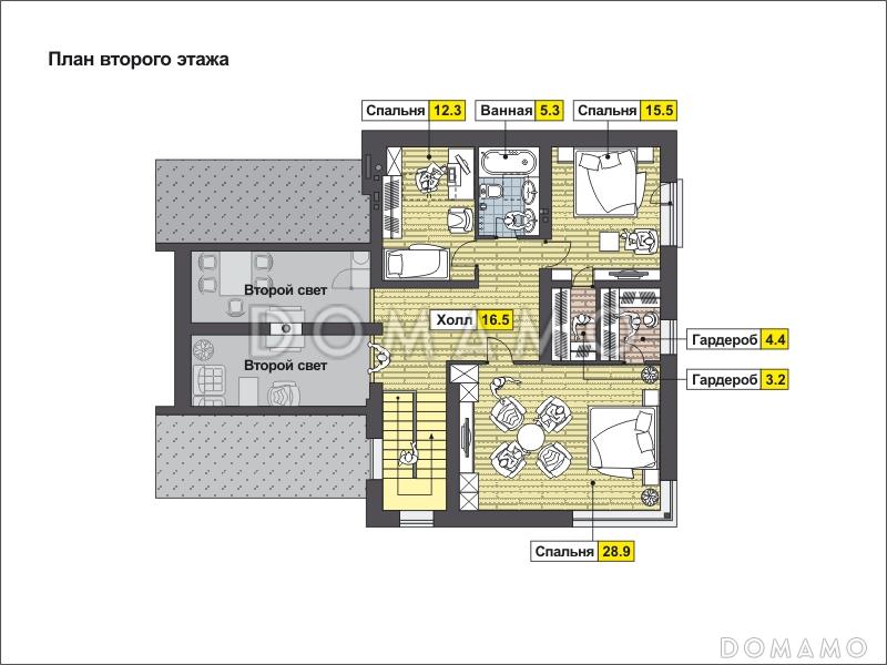Проект загородного дома с навесом на две машины, двумя спальнями на первом этаже, террасой, вторым светом / План мансардного этажа