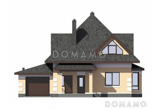Проект одноэтажного газобетонного дома с мансардой, гаражом и террасой / Фасад 2