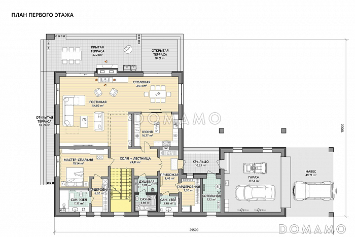 Проект каркасного дома с 3 спальнями, сауной, гаражом и навесом для автомобилей / План 1 этажа