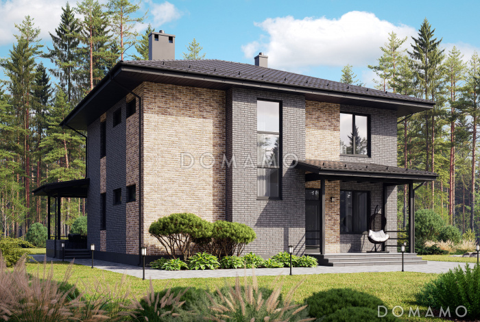 Проект кирпичного двухэтажного дома с кабинетом, 4 спальнями и просторной гардеробной у входа