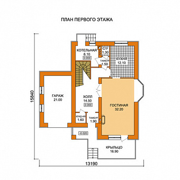 Проект дома с небольшой общей площадью, большой гостиной и гаражом / План 1 этажа