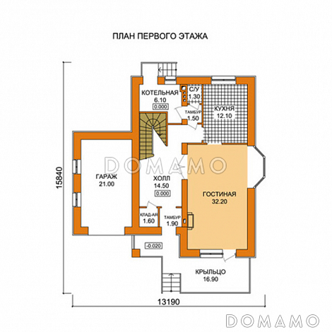 Проект дома с небольшой общей площадью, большой гостиной и гаражом / План 1 этажа