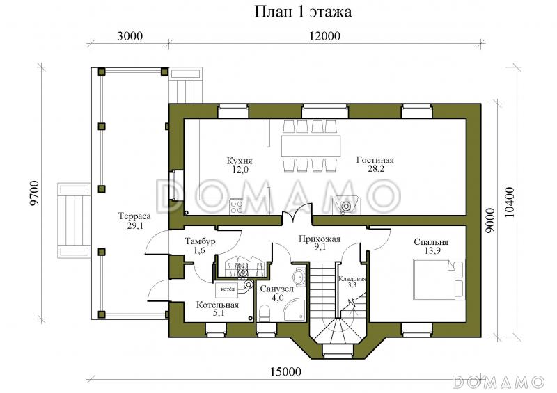 Проект двухэтажного дома с четырьмя спальнями и просторной крытой террасой / План 1 этажа