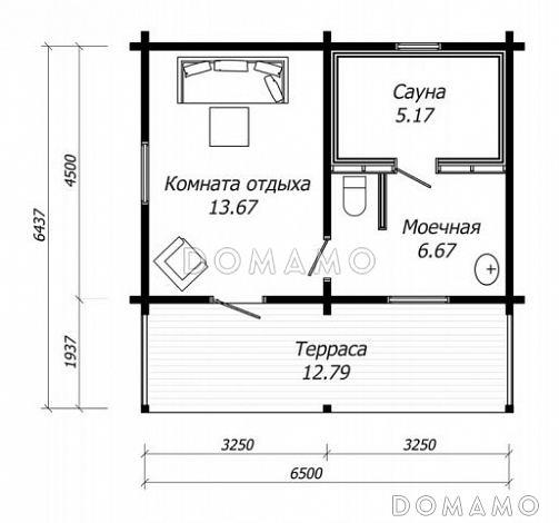 Проект бани из клееного бруса с крытой террасой / План 1 этажа