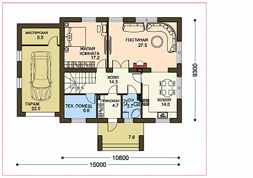 Проект двухэтажного дома с гардеробными на втором этаже / План 1 этажа