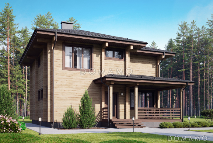 Проект дома из бруса с угловой террасой, вместительной гардеробной и кабинетом