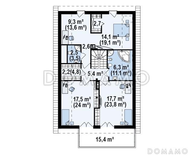 Проект одноэтажного мансардного дома из кирпича с крытой угловой террасой и большой открытой террасой над гаражом / План мансардного этажа
