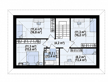 Проект загородного дома с мансардой, гаражом, санузлом на первом этаже, просторной дневной зоной / План мансардного этажа